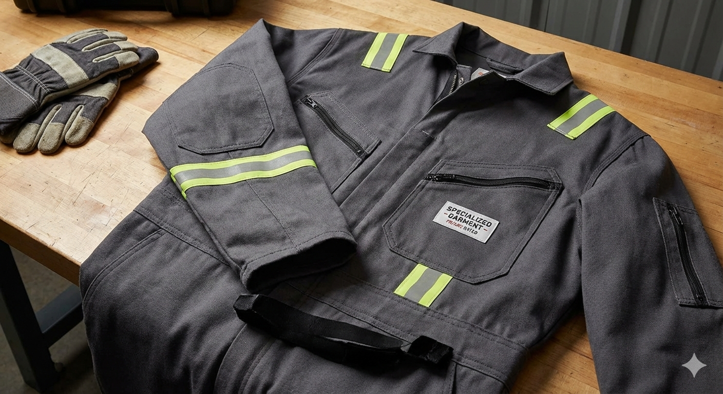 Specialized flame-resistant work garment displayed on mannequin, representing protective clothing worn by fabrication workers in industrial settings